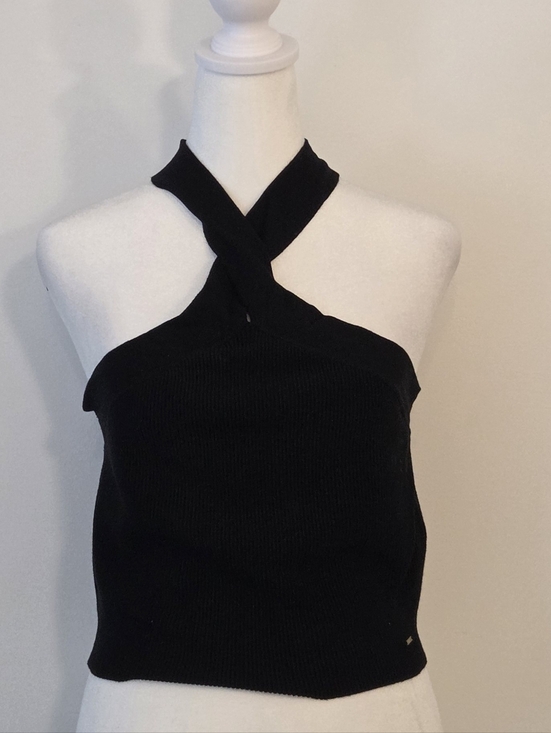 Guess Tops - Black Halter Cross-Neck Knit Crop Top